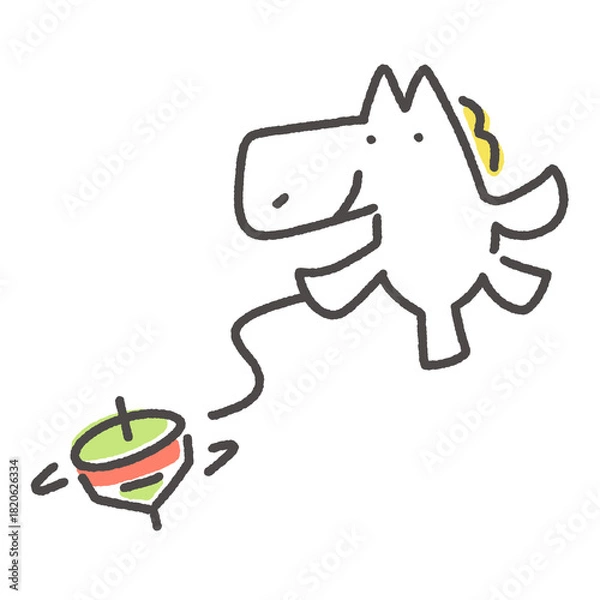 Obraz 独楽で遊ぶかわいい白馬キャラクター　コマ回し