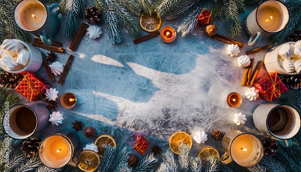 Fototapeta Enjoy the Cozy Winter Season with Hot Cocoa, Pine Branches, and Cinnamon Sticks Creating a Festive Atmosphere Perfect for Warm Holiday Memories