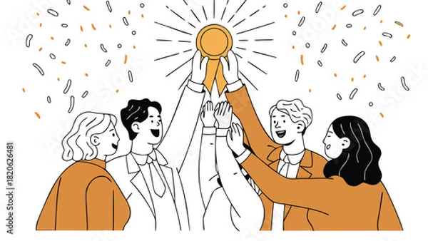 Fototapeta Diverse team of professionals collaborating and lifting a glowing golden trophy symbolizing success achievement and teamwork in a business or corporate setting