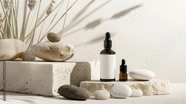 Fototapeta Top Down Flat Lay of Natural Organic Skincare Ingredients including Lavender Essential Oils and Raw Botanical Elements on a Stone Surface