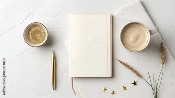 Obraz Minimalist New Year Resolution Flat Lay with Blank Notebook Brass Pen and Gold Confetti on Marble Background for Planning Concept