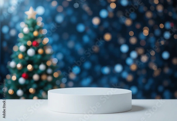 Fototapeta Empty christmas background. Christmas tree backdrop. Xmas holiday celebration blank pedestal. White table top in front, winter celebration bokeh effect. 3d rendering.
