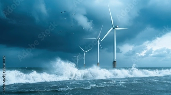 Obraz Cinematic Offshore Wind Farm Landscape at Sunset with Silhouetted Turbines and Seabirds showing Renewable Energy Transition and Nature Coexistence