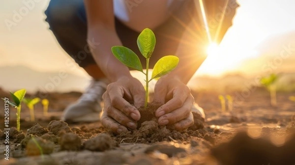 Fototapeta Low Angle View of Hands Planting a Young Tree Sapling into Dry Reforestation Site at Sunset symbolizing Hope and Environmental Restoration