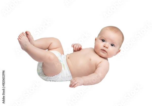 Fototapeta A fair-skinned infant, 3-6 months, in a transparent diaper, lying on its back, looking curiously at camera on transparent with subtle reflections, concept of innocence and new beginnings