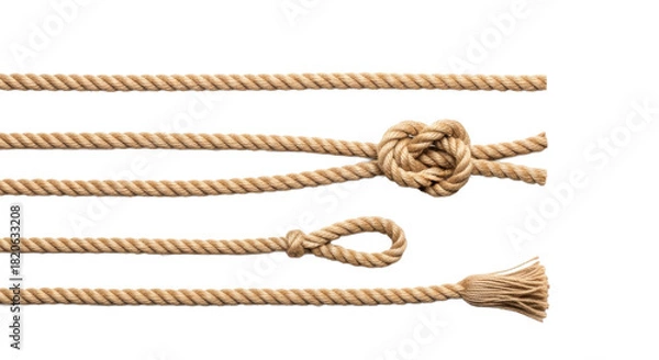 Fototapeta Natural brown jute rope elements (straight, square knot, loop, frayed end) arranged horizontally on a stark white studio background, high-key macro shot. Concept of corporate strength and connection