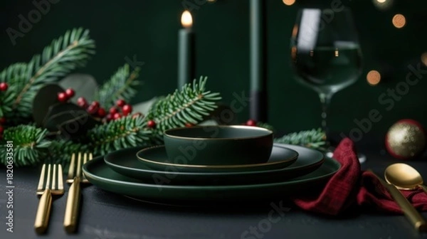 Fototapeta Luxurious Dark Christmas Dinner Table Setting with Gold Cutlery Candelabras and Evergreen Garland Centerpiece in Moody Lighting