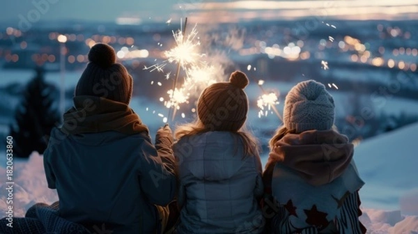 Obraz Group of Friends Holding Sparklers on Snowy Hill at Dusk Watching Distant New Year Fireworks over City Skyline symbolizing Adventure