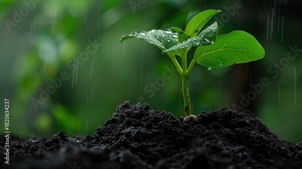 Fototapeta Extreme Macro Shot of Green Sprout Emerging from Dark Rich Compost Soil with Water Droplets showing Agricultural Growth and Environmental Soil Health