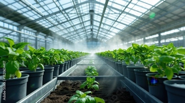 Fototapeta Interior of Massive Commercial Greenhouse Nursery with Symmetrical Rows of Plants and Mist Irrigation System showing Industrial Agriculture Scale