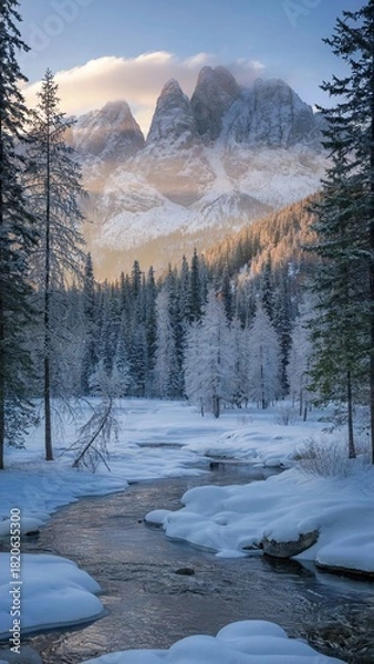 Obraz Frozen Forest Stream and Mountains