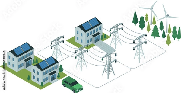 Obraz Isometric renewable energy neighborhood, solar powered houses, wind turbines, power lines and electric grid connection, sustainable eco community clean energy concept illustration