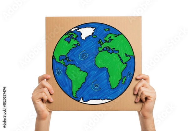 Obraz Hands holding a cardboard sign with a handdrawn globe, symbolizing earth, environmental protection, and sustainability, isolated on white isolated on transparent background