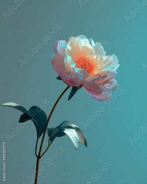Fototapeta single peony flower made of neon tubes, against soft teal background, whimsical still-life