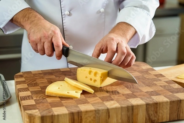 Fototapeta Professional chef hands cutting block of yellow cheese with holes using knife on wooden board. Cook in white uniform slicing dairy food in restaurant kitchen. Food preparation process closeup.