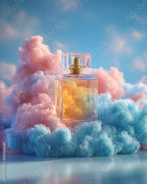 Obraz perfume bottle releasing pastel smoke clouds, soft blue background, luxury surreal still-life