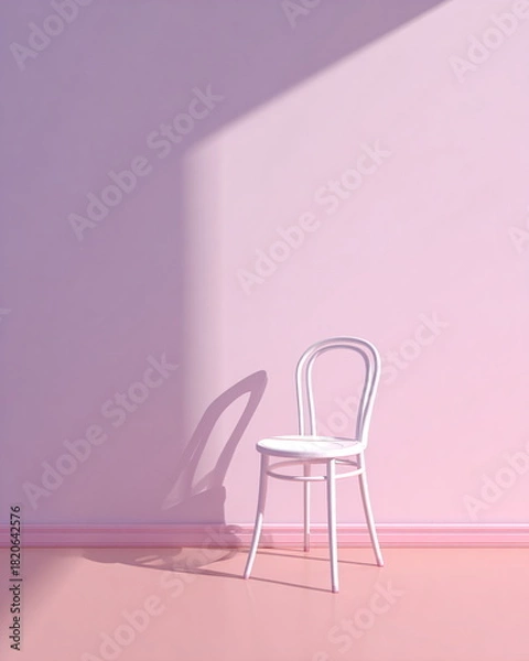 Fototapeta simple chair levitating above a pastel pink floor, long soft shadow, minimal interior concept