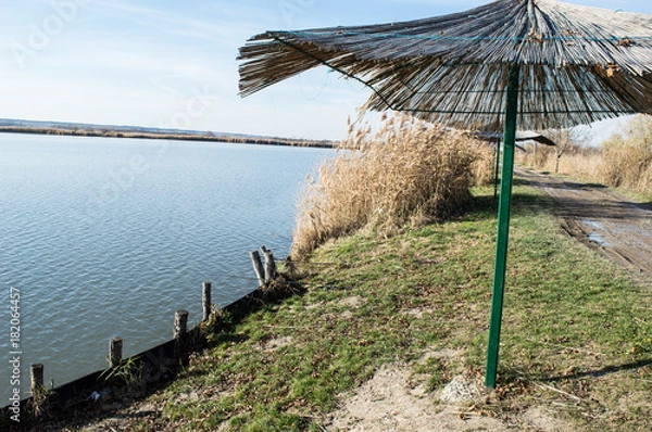 Obraz Lake in Nature Reserve/ Autumn colors of lake in nature reserve. Bulrush. Untouched Nature. Parasol and fishing tackle. Muddy road in background.