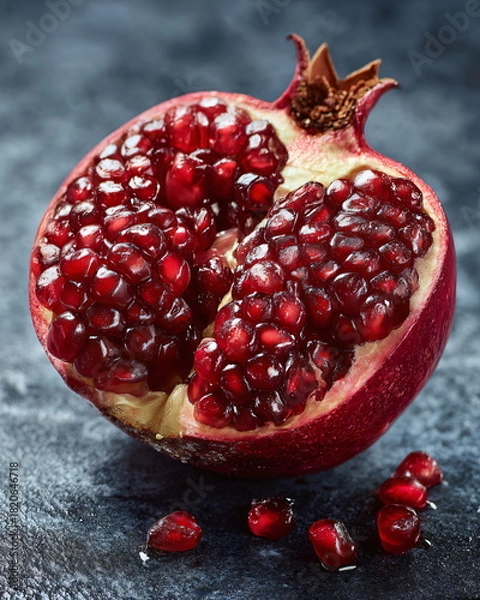 Fototapeta single pomegranate split open with glowing ruby seeds, luxury food macro shot, dark premium backdrop