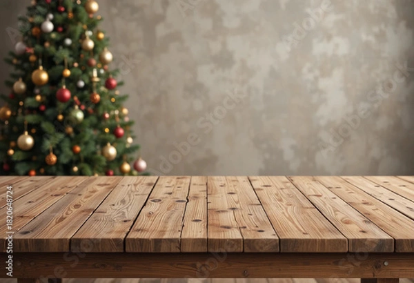 Fototapeta Empty wooden table near Christmas tree. Banner with space for design. 3d rendering.