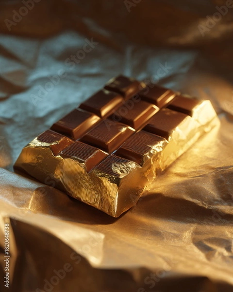 Fototapeta gold chocolate bar partially unwrapped, soft premium lighting, rich textures