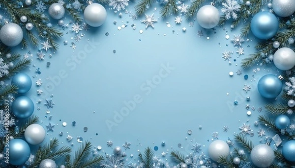 Fototapeta Elegant winter holiday background with festive blue ornaments and pine branches perfect for Christmas greetings and seasonal promotions with space for text
