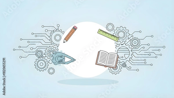 Fototapeta Bright, colorful, abstract design concept creative education. Artistic back to school background, vibrant class tools collection, blending technology for business