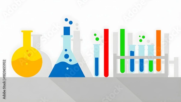 Fototapeta Bright abstract design featuring a colorful collection of artistic laboratory beakers and test tubes, perfect for education and back to school themes