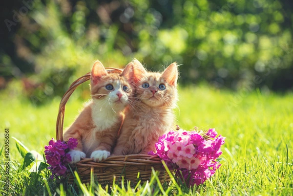 Fototapeta Cats with flowers outside. Two adorable kittens sit in a basket on the grass among phloxes in a summer garden on a sunny day.
