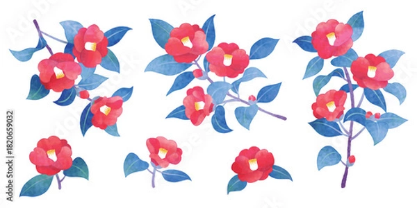 Obraz 手描き水彩風　椿の花　イラストセット
