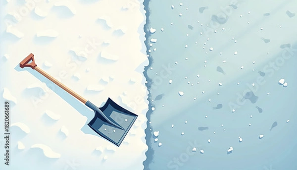 Fototapeta Snow shovel resting on boundary between snow and ice in winter setting