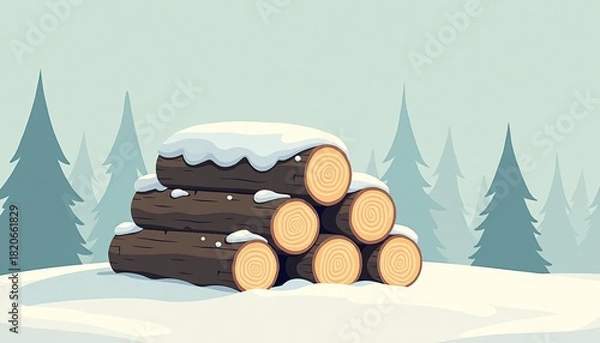Fototapeta Stack of firewood covered with snow in a serene winter forest landscape