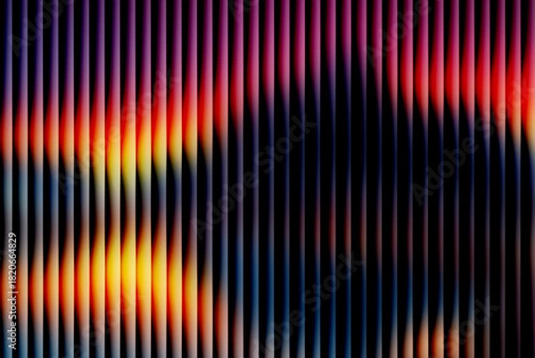 Obraz Abstract purple and orange vertical lines background with grainy noise texture, dark retro futuristic gradient pattern, vibrant synthwave stripe design for digital wallpaper