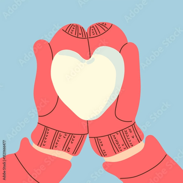 Fototapeta Winter greeting card. Two hands in red knitted mittens are holding snowball in form of heart. Trendy creative design concept hand drawn illustration for winter Holliday Christmas and Valentine s day .