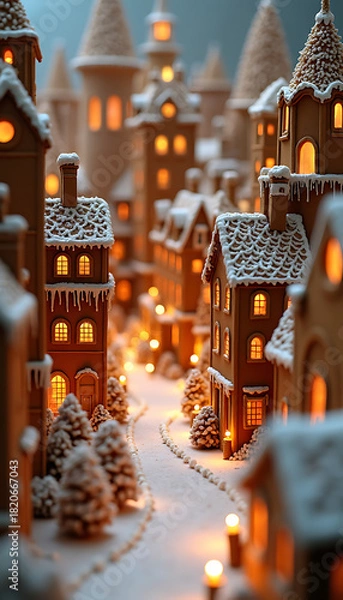 Fototapeta Enchanting gingerbread village illuminated at night with snowcovered roofs and warm lights