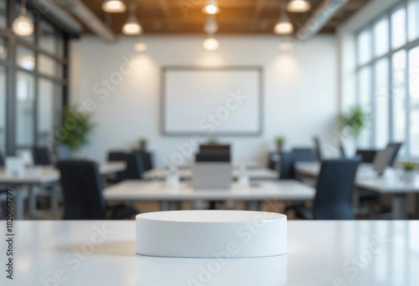 Fototapeta White empty table top surface in front, blurred office background. Blank desk in focus, blurred business room. Close-up podium, pedestal, for presentation product. Office banner.
