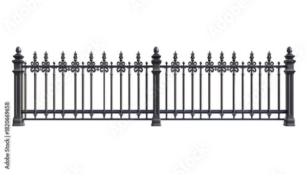Obraz An ornate black wrought iron fence with decorative spikes, isolated on transparent background, provides security and adds a touch of elegance to any property