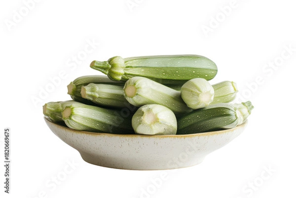 Fototapeta Pile of small green zucchini in a white bowl isolated on transparent background. Fresh zucchini isolated on white background.