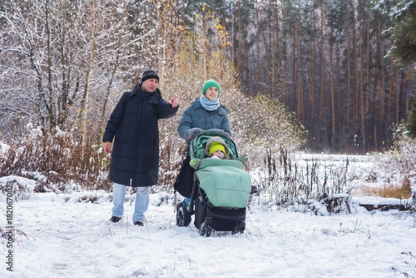 Fototapeta  family is walking in a winter park, a teenage boy is pushing a baby stroller, his dad is walking next to him.