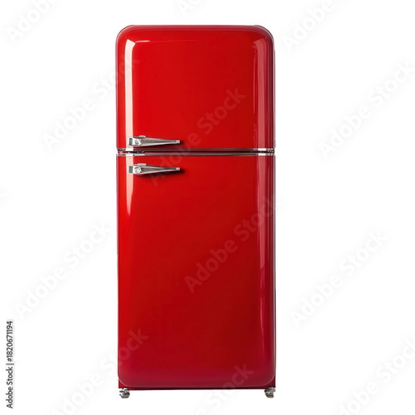 Fototapeta Retro red refrigerator isolated on transparent background, a vintage appliance with a sleek design, evoking nostalgia and adding a pop of color to any kitchen space