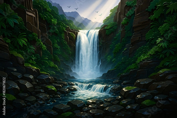 Fototapeta Tropical Waterfall Between Rocky Cliffs With Jungle Foliage – Artistic Paper Style Illustration