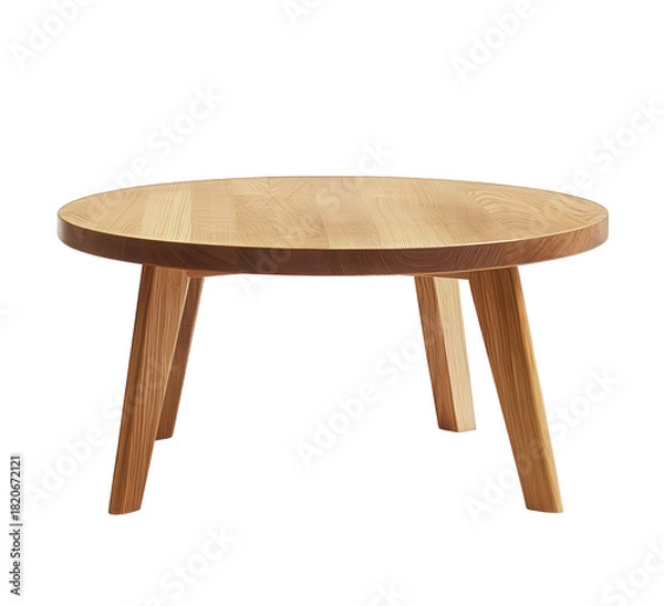 Obraz Round wooden coffee table isolated on transparent background, featuring a simple and sturdy design with three legs and a smooth, lighttoned wooden surface