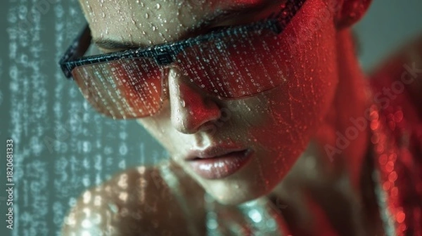 Fototapeta Futuristic augmented reality experience with digital code overlay on a person's face.