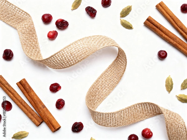 Fototapeta Decorative arrangement of cinnamon sticks, cranberries, and ribbon  