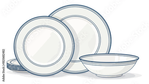 Fototapeta Elegant dinnerware set with classic blue trim, perfect for stylish dining, sophisticated gatherings, and showcasing culinary creations with timeless grace