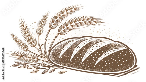 Fototapeta Freshly baked bread loaf with decorative wheat stalks creates a rustic, artisanal feel perfect for bakery branding or food blog designs and culinary projects