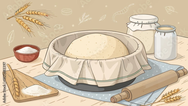 Fototapeta Artisanal bread dough rising beautifully, ready for baking, a symbol of homemade goodness and the joy of baking fresh bread from scratch