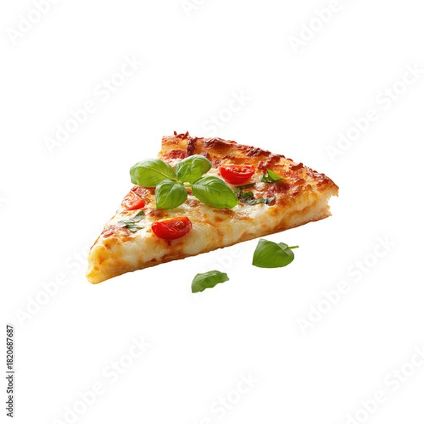 Fototapeta Slice of pizza with cheese, tomato, and basil leaves on a transparent background Italian food fast casual meal isolated on white background
