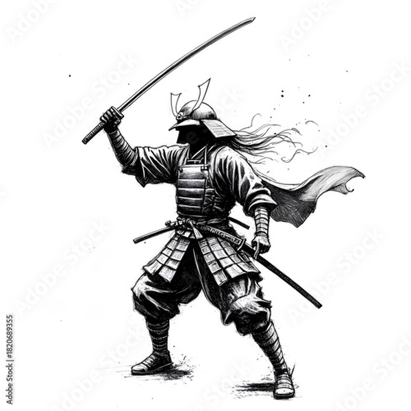 Fototapeta Warrior's stance: A samurai, clad in traditional armor, stands poised with katana blade raised, ready for battle, embodying courage and strength.