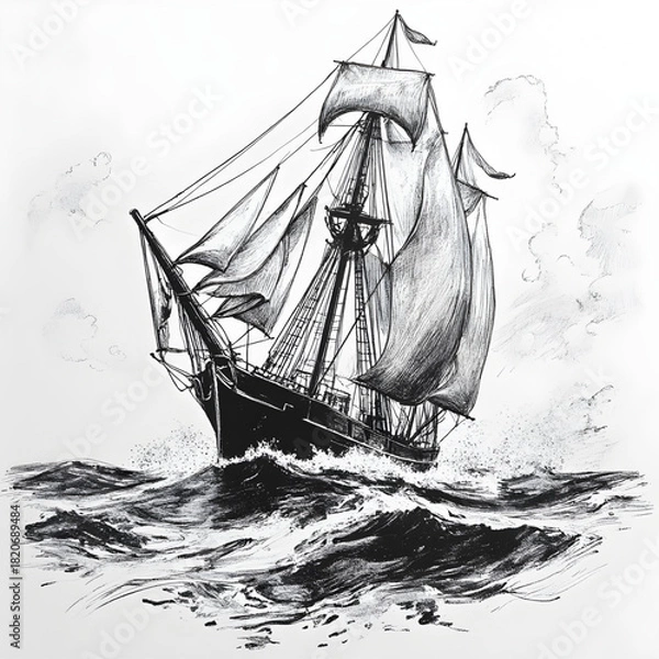 Fototapeta Sailing through Stormy Seas: A majestic sailboat navigates the turbulent waves, its sails billowing powerfully as it battles the storm. A testament to courage and resilience.